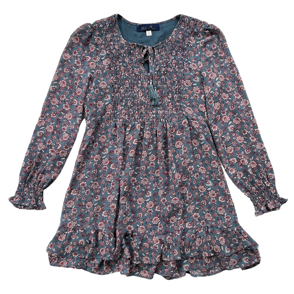 Blue Rain Women’s Medium‎ Dark Teal Pink Floral Smocked Ruffle Long Sleeve Dress